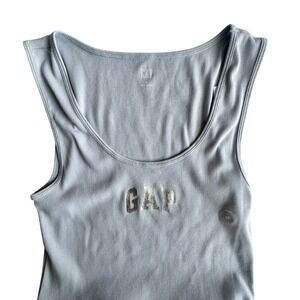 GAP Womens Ribbed Tank Top Light Seafoam Green Silver Logo Scoop Neck Size M